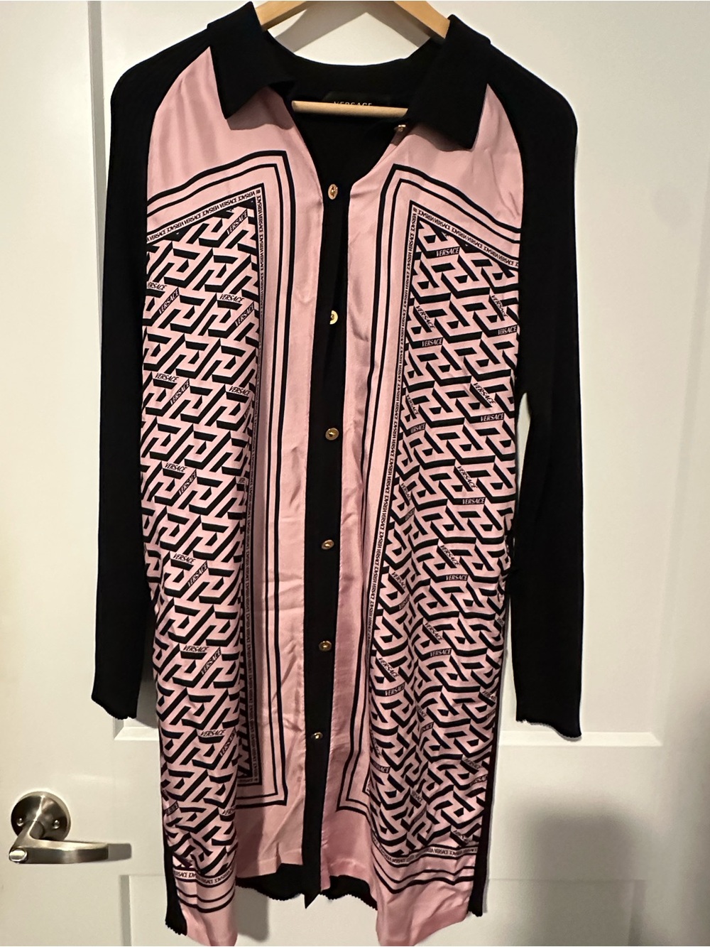 Versace Pink & Black La Greca Cardigan Shirt Dress Size 42. M/L